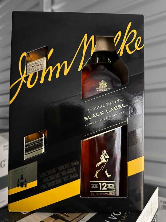 Johnnie Walker Black Label 12 Year Old, Gold Label and Double Black Blended Scotch Whisky Gift 3-Pack